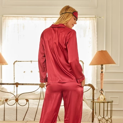 Women's Classic Satin Pajamas Lounge Set, Long Sleeve Top And Pants With Pockets, Silk Like PJs With Matching Sleep Mask - Image 2