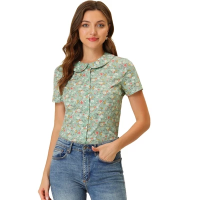 Allegra K Women's Summer Peter Pan Collar Shirts Button Front Vintage Floral Print Blouse - Image 8