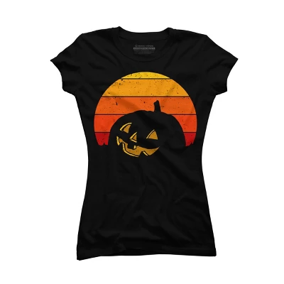 Junior's Design By Humans Vintage Retro Sunset Halloween Pumpkin I By Lemonpepper T-Shirt - Image 3