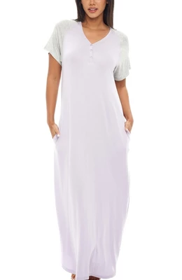 Women's Soft Knit Nightgown, Full Length Henley Sleep Shirt Pajama Top W/ Pockets - Image 14