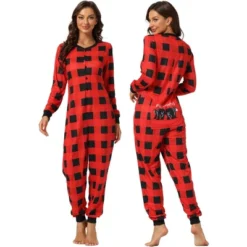 Cheibear Christmas Jumpsuits Holiday Long Sleeve Loungewear Plaid Family Pajama Sets Red Plaid