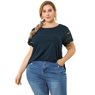 Agnes Orinda Women's Plus Size Lace Panel Elegant Work Short Sleeve Top - Image 3