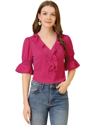 Allegra K Women's Ruffle V Neck Puff Sleeve Summer Casual Chiffon Peasant Blouse - Image 16