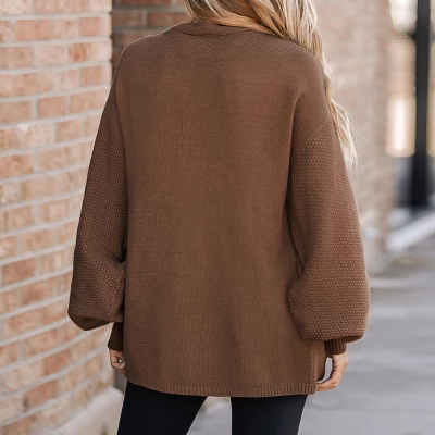 Women's Espresso Open-Knit Gigot Sleeve Cardigan - Cupshe - Image 3