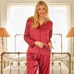 Women's Classic Satin Pajamas Lounge Set, Long Sleeve Top And Pants With Pockets, Silk Like PJs With Matching Sleep Mask