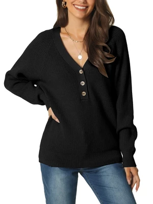 Seta T Women's Long Sleeve V Neck Button Solid Color Ribbed Knit Casual Pullover Sweaters - Image 5