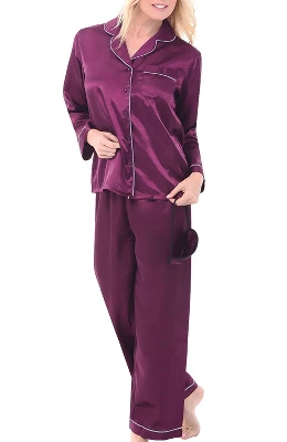 Women's Classic Satin Pajamas Lounge Set, Long Sleeve Top And Pants With Pockets, Silk Like PJs With Matching Sleep Mask - Image 11
