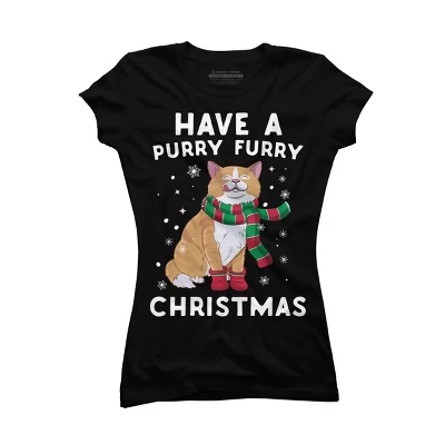 Junior's Design By Humans Have A Purry Furry Christmas Cat By Freshoutlook T-Shirt - Image 3