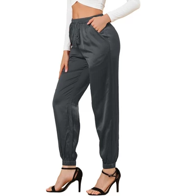 Allegra K Women's Drawstring Elastic Waist Athleisure Pants Ankle Length Satin Joggers With Pocket - Image 19
