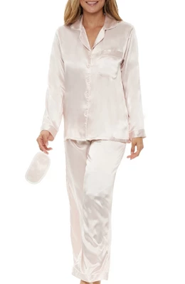 Women's Classic Satin Pajamas Lounge Set, Long Sleeve Top And Pants With Pockets, Silk Like PJs With Matching Sleep Mask - Image 17