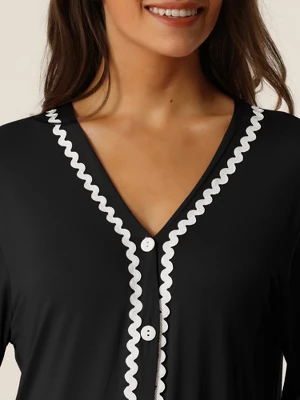 Cheibear Womens Button Down V Neck Long Sleeve Pajama Nightshirt Dress - Image 3