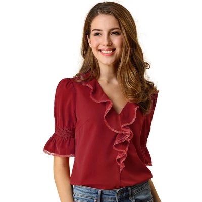 Allegra K Women's Ruffle V Neck Puff Sleeve Summer Casual Chiffon Peasant Blouse - Image 8