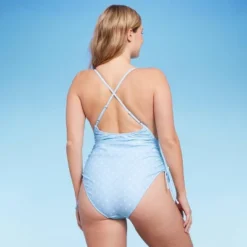 Women's Side-Cinch Detail Extra High Leg Cheeky One Piece Swimsuit - Wild Fableâ„¢ Blue