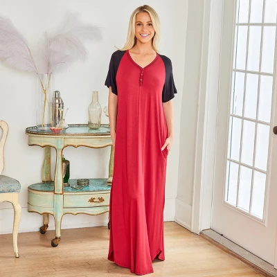 Women's Soft Knit Nightgown, Full Length Henley Sleep Shirt Pajama Top W/ Pockets - Image 2