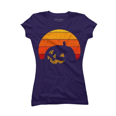 Junior's Design By Humans Vintage Retro Sunset Halloween Pumpkin I By Lemonpepper T-Shirt - Image 6