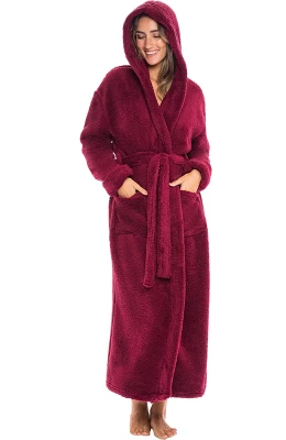 Women's Fuzzy Plush Fleece Bathrobe With Hood, Soft Warm Hooded Lounge Robe - Image 14