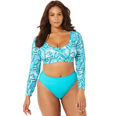 Swimsuits For All Women’s Plus Size Ambition Long Sleeve Cropped Bikini Top - Image 3