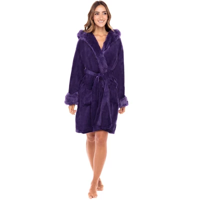 Women's Faux Fur Feather Hooded Robe, Soft Plush Fleece Knee Length Bathrobe With Hood - Image 8