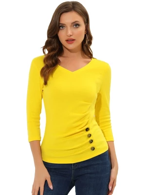 Allegra K Women's V Neck 3/4 Sleeves Solid Knitted Buttons Decor Ruched Blouse - Image 18