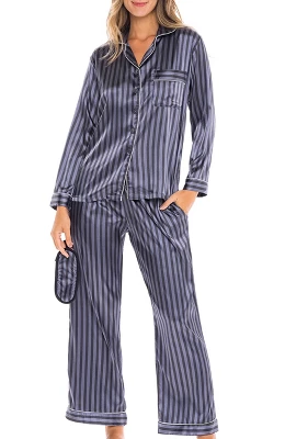 Women's Classic Satin Pajamas Lounge Set, Long Sleeve Top And Pants With Pockets, Silk Like PJs With Matching Sleep Mask - Image 12