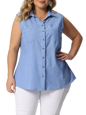 Agnes Orinda Plus Size Summer Tops For Women Sleeveless Button Down Work Shirts Chambray Blouses 2023 - Image 7