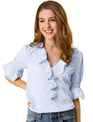 Allegra K Women's Ruffle V Neck Puff Sleeve Summer Casual Chiffon Peasant Blouse - Image 11