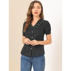 Allegra K Women's Vintage Polka Dots Peter Pan Collar Puff Short Sleeve Shirt