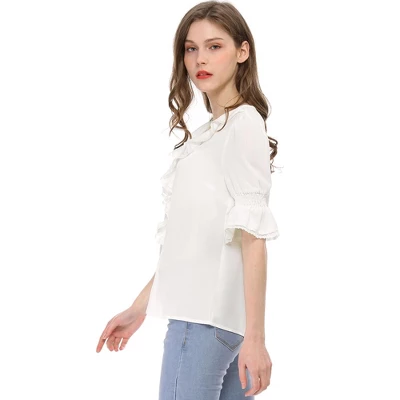 Allegra K Women's Ruffle V Neck Puff Sleeve Summer Casual Chiffon Peasant Blouse - Image 3