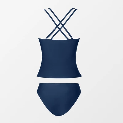 Women's V Neck Ruched Double Crisscross Tankini Set - Cupshe- Blue - Image 5
