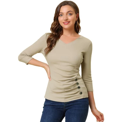 Allegra K Women's V Neck 3/4 Sleeves Solid Knitted Buttons Decor Ruched Blouse - Image 8