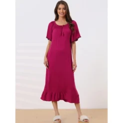 Cheibear Womens Sleepwear Pajamas Dress Ruffle Short Sleeve Midi Nightgowns