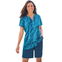 Swim 365 Women’s Plus Size Split-Neck Short Sleeve Swim Tee With Built-In Bra