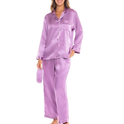 Women's Classic Satin Pajamas Lounge Set, Long Sleeve Top And Pants With Pockets, Silk Like PJs With Matching Sleep Mask - Image 14