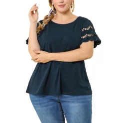 Agnes Orinda Women's Plus Size Lace Panel Elegant Work Short Sleeve Top