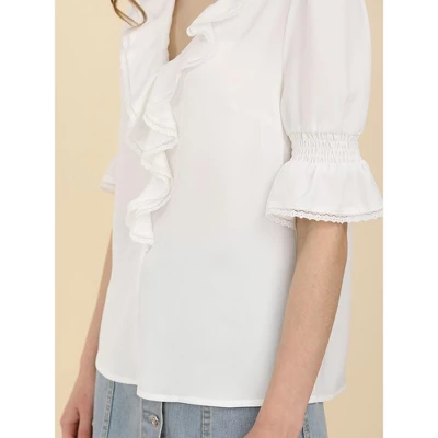 Allegra K Women's Ruffle V Neck Puff Sleeve Summer Casual Chiffon Peasant Blouse - Image 5