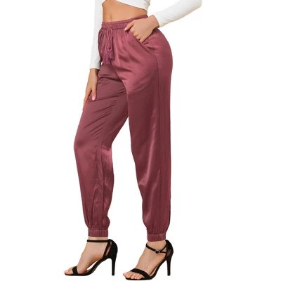 Allegra K Women's Drawstring Elastic Waist Athleisure Pants Ankle Length Satin Joggers With Pocket - Image 20