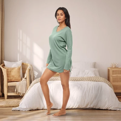 Women's Soft Ribbed Waffle Rib Knit Night Shirt, Oversized Sweater Top Sleep Shirt, Pajamas - Image 3