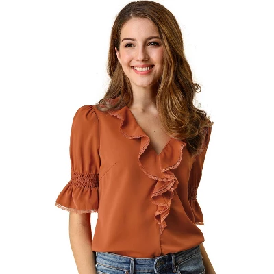 Allegra K Women's Ruffle V Neck Puff Sleeve Summer Casual Chiffon Peasant Blouse - Image 10