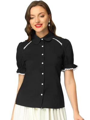 Allegra K Women's Vintage Short Sleeve Peter Pan Collar Button Down Shirt - Image 6