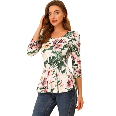 Allegra K Women's Long Sleeves Scoop Neck Floral Printed Peplum Shirt - Image 11