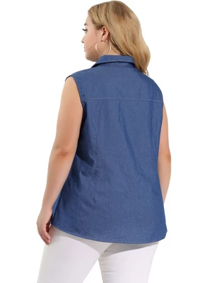 Agnes Orinda Plus Size Summer Tops For Women Sleeveless Button Down Work Shirts Chambray Blouses 2023 - Image 4