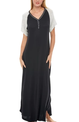Women's Soft Knit Nightgown, Full Length Henley Sleep Shirt Pajama Top W/ Pockets - Image 6