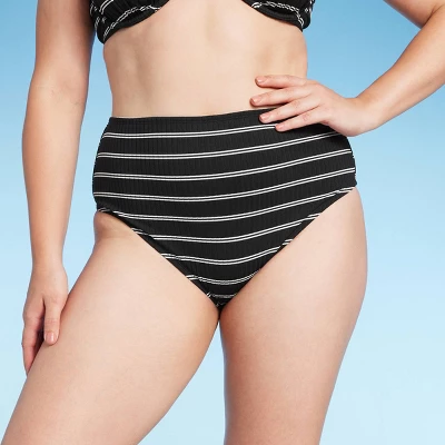 Women's Ribbed High Waist Bikini Bottom - Shade & Shore™ Black Striped - Image 3