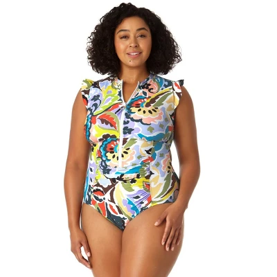 Anne Cole Plus - Women's Flutter Sleeve Zip Up Rash Guard One Piece Swimsuit - Image 7