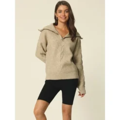 Seta T Women's Casual Long Sleeve Half Zip V Neck Collar Ribbed Knit Sweater