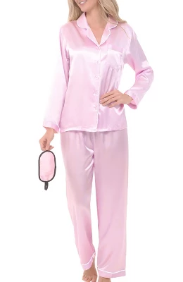 Women's Classic Satin Pajamas Lounge Set, Long Sleeve Top And Pants With Pockets, Silk Like PJs With Matching Sleep Mask - Image 8