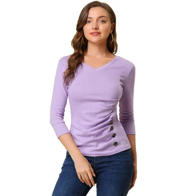 Allegra K Women's V Neck 3/4 Sleeves Solid Knitted Buttons Decor Ruched Blouse - Image 13