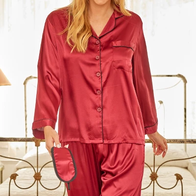 Women's Classic Satin Pajamas Lounge Set, Long Sleeve Top And Pants With Pockets, Silk Like PJs With Matching Sleep Mask - Image 4