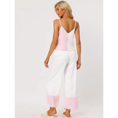 Cheibear Womens Satin Lounge Color Block Cami Tops With Pants Sleepwear Pajamas Sets - Image 2