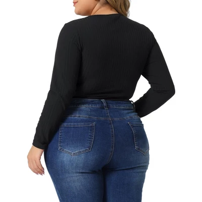 Agnes Orinda Women's Plus Size Zipper Deep Scoop Neck Long Sleeve Tops Bodysuit Jumpsuit - Image 3